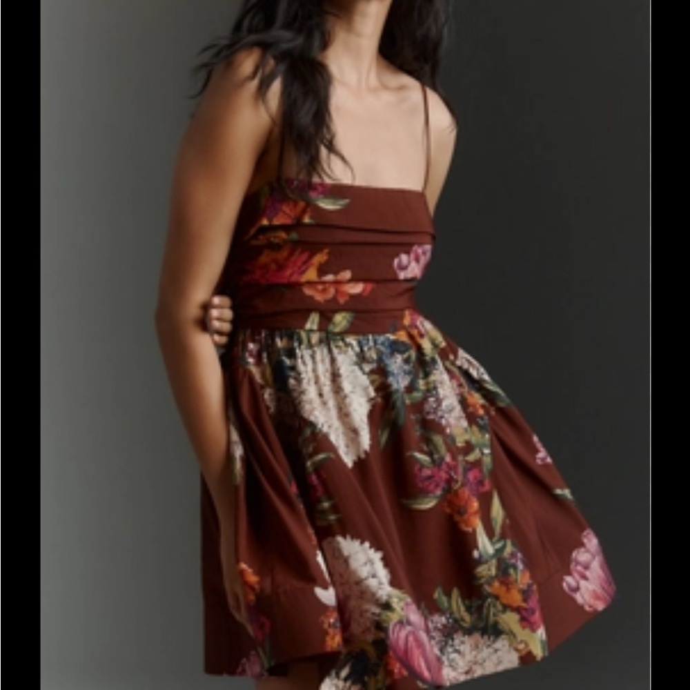 Anthropologie Floral Mini Dress in Brown and Pink
